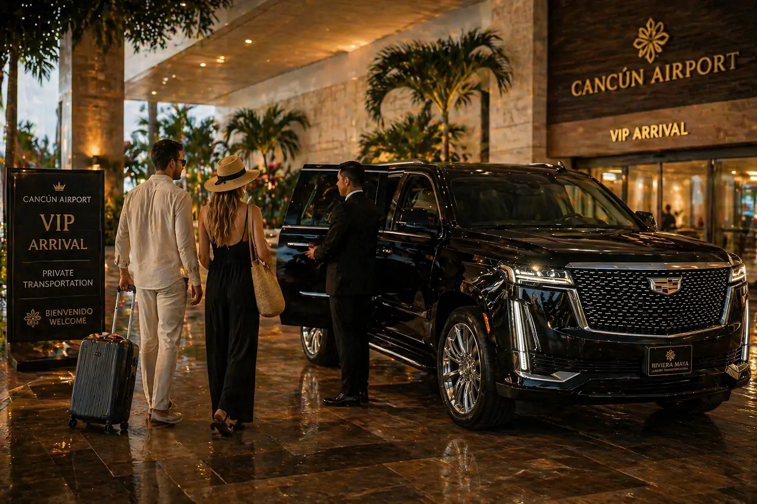 Pre-arranged private SUV transfer waiting at Cancun Airport — smooth arrival to Playa del Carmen