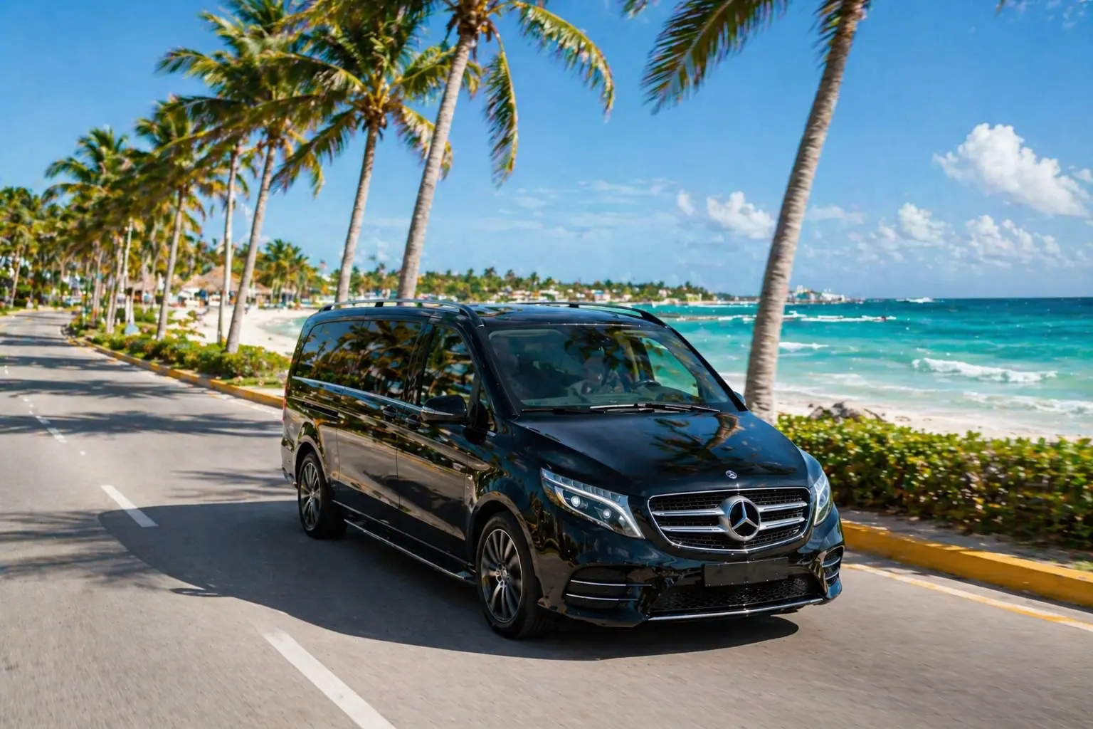 Private transfer vehicle on Riviera Maya highway — safe, pre-arranged transportation from Cancun Airport to Playa del Carmen