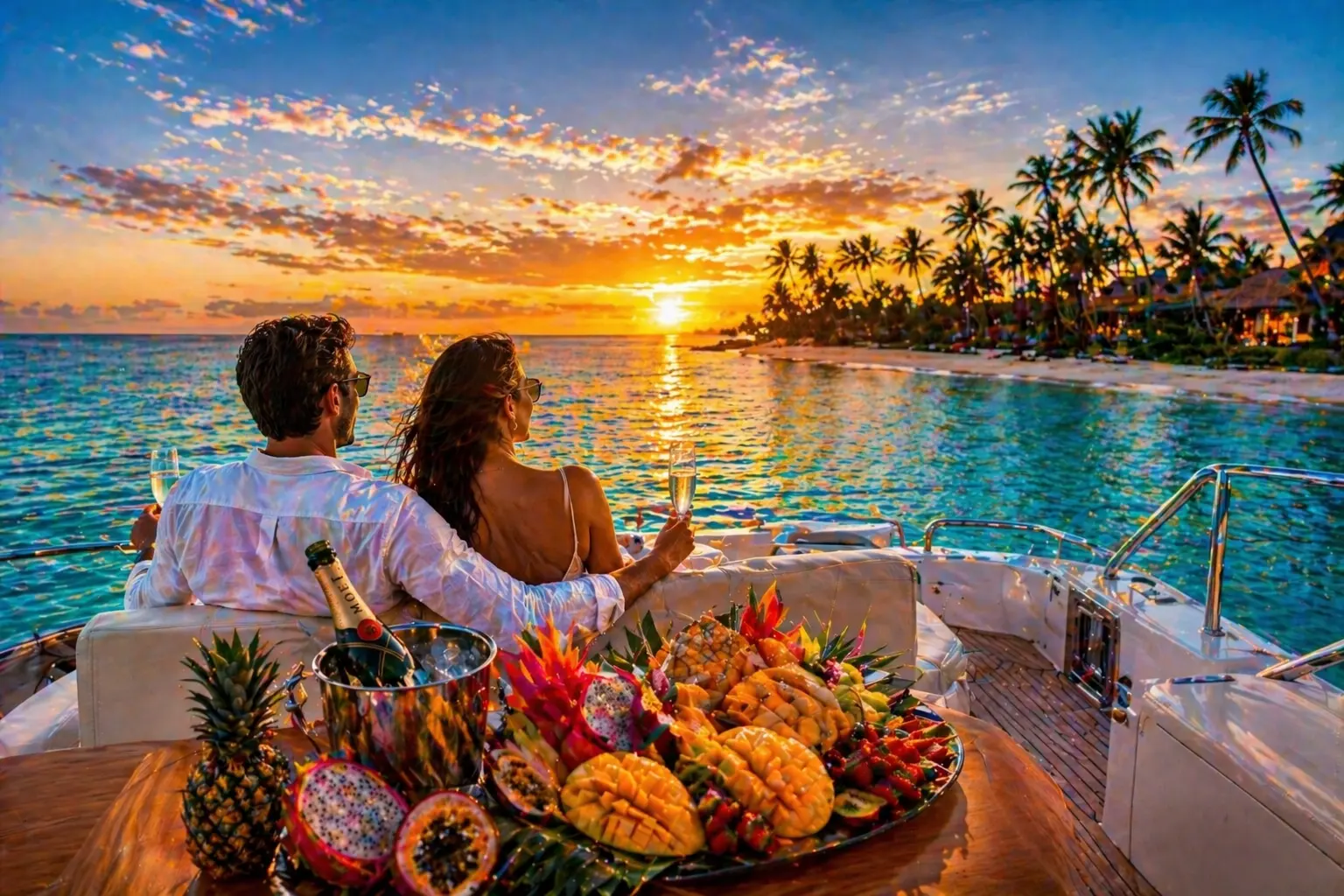 Couples enjoying private yacht experience in Playa del Carmen after airport transfer from Cancun — full romantic stay