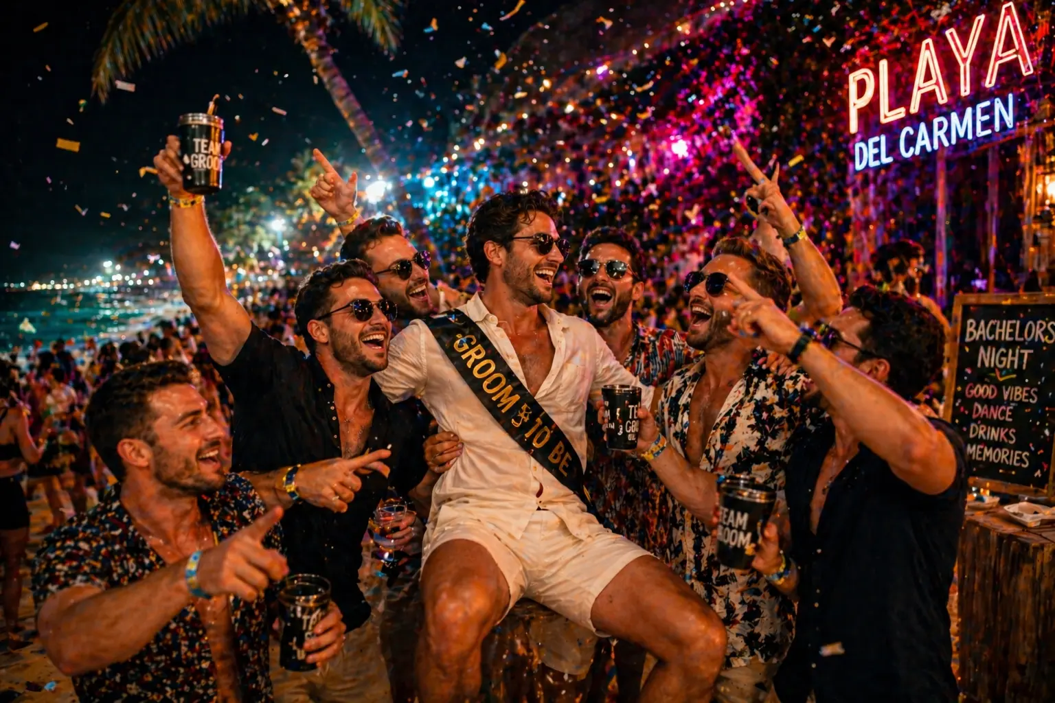 Private yacht day for bachelor party in Playa del Carmen — Caribbean Sea, full group together, premium experience