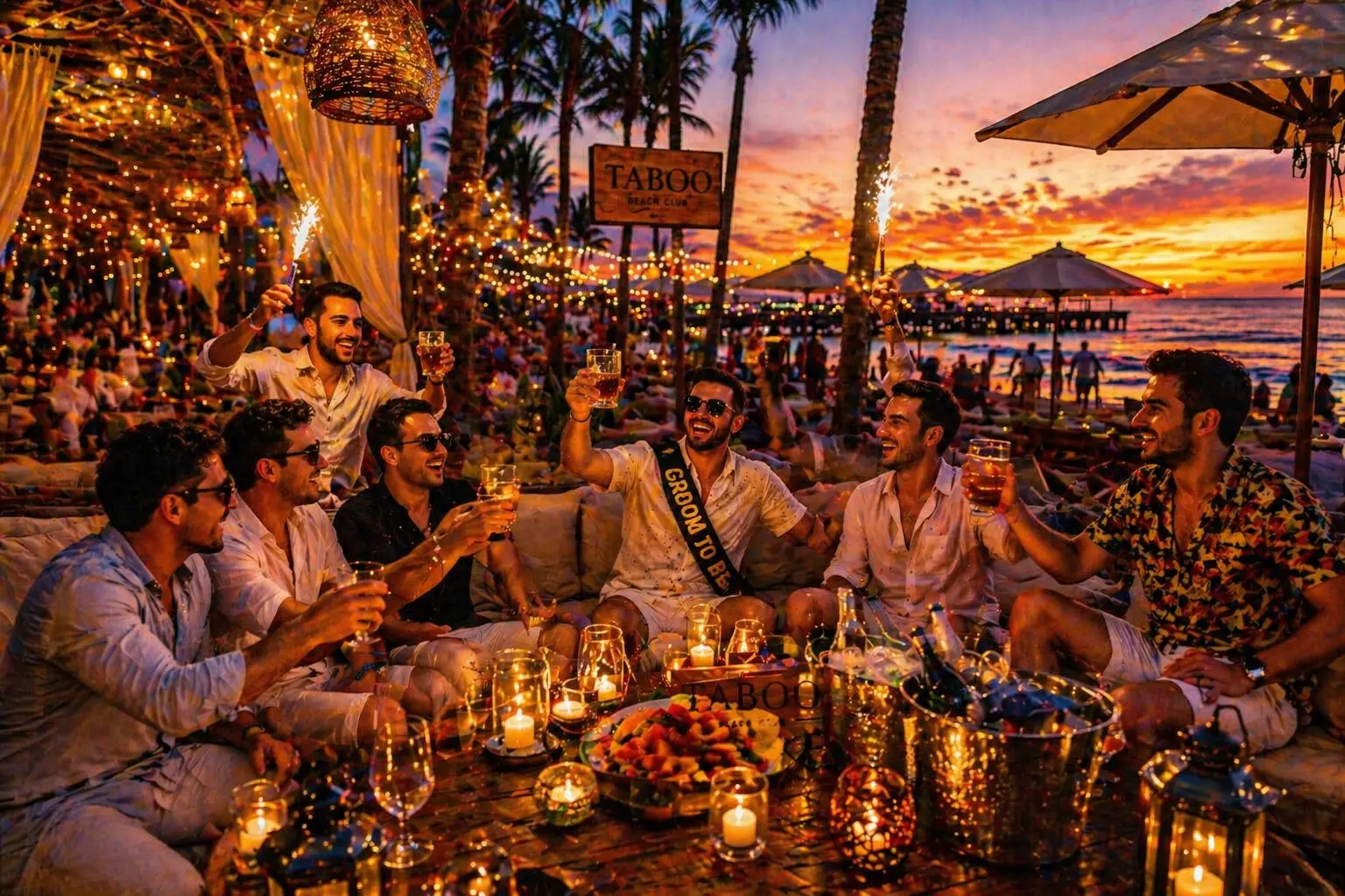 Beach club day for bachelor party in Playa del Carmen — reserved section, Caribbean beachfront, group experiences
