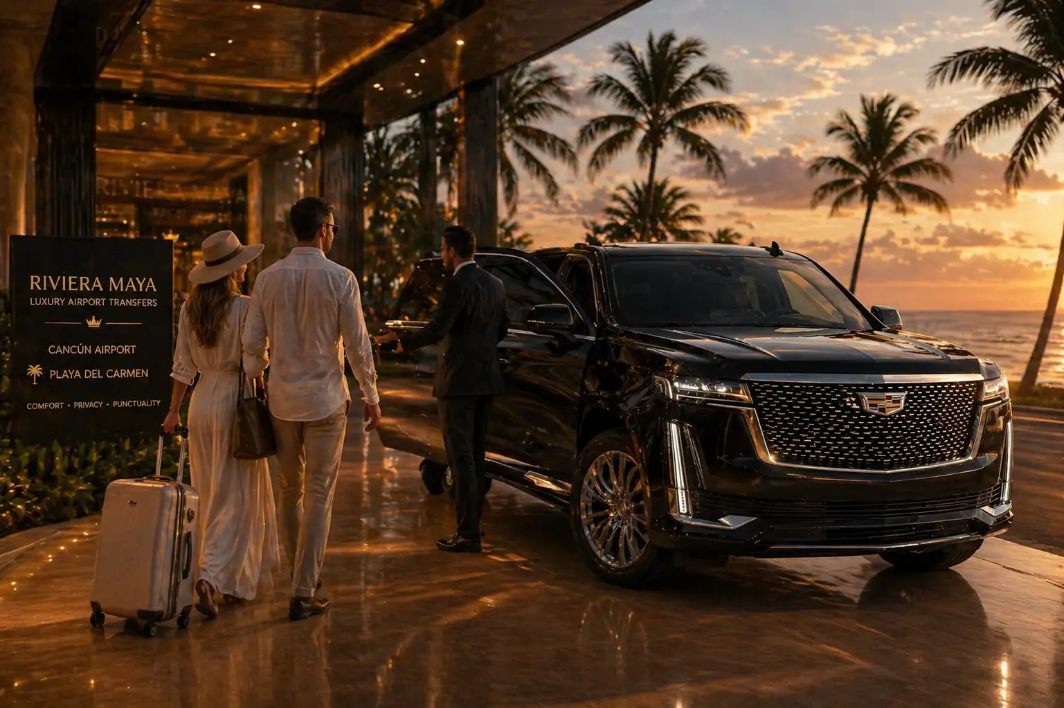 Private transfer vehicle on Riviera Maya highway after Cancun Airport arrival — heading to Playa del Carmen or Tulum