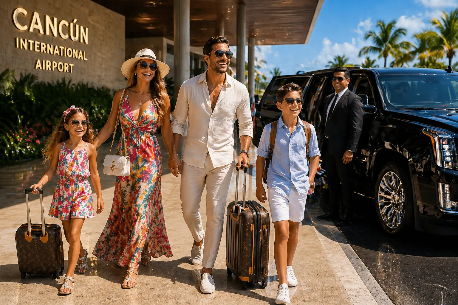 Private driver holding welcome sign at Cancun Airport arrivals for family airport transfer