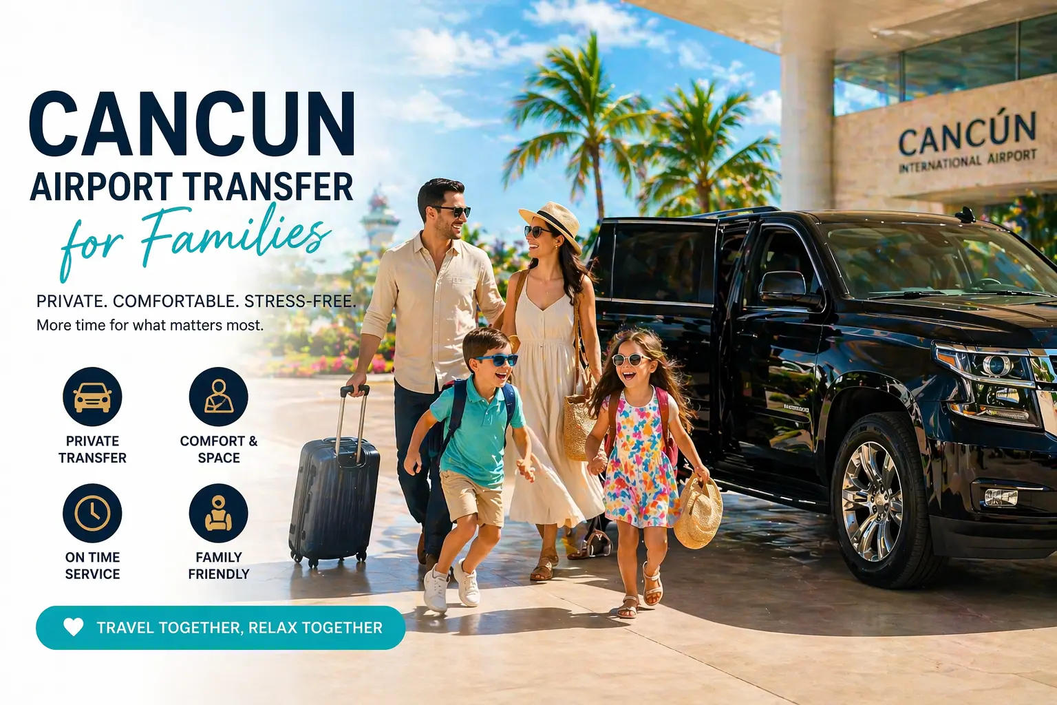 Family private transportation Cancun Airport comfortable vehicle and luggage friendly transfer