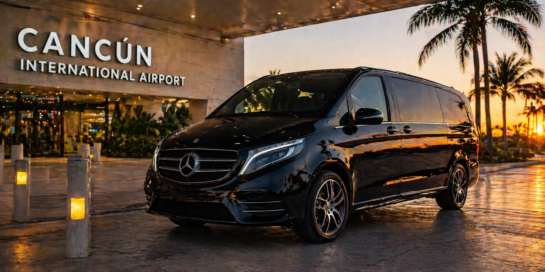 Private driver waiting at Cancun Airport arrivals for group transfer — bachelor party, friend group, corporate travel