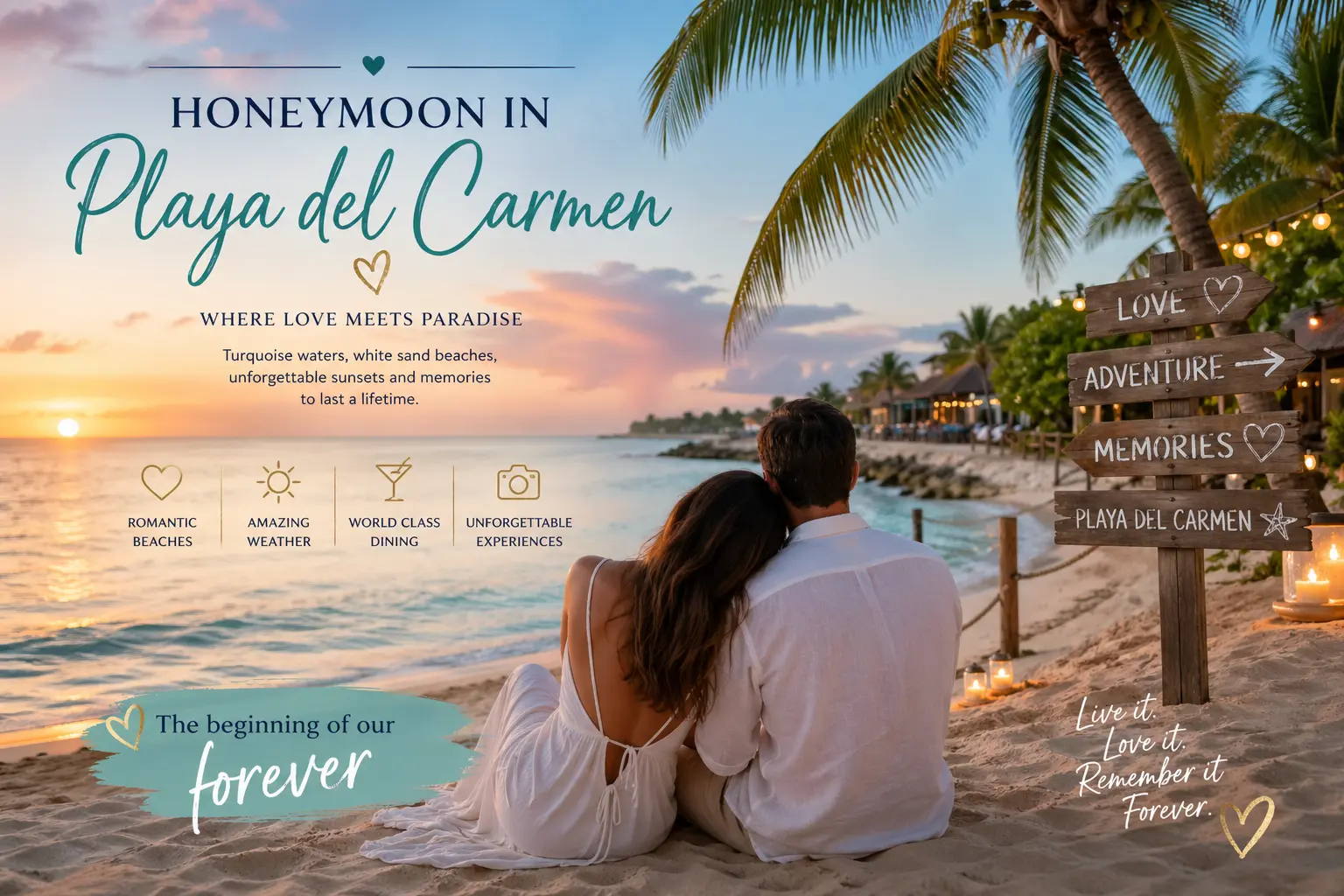 Romantic honeymoon setup in Playa del Carmen — beachfront dinner and luxury concierge arrangement