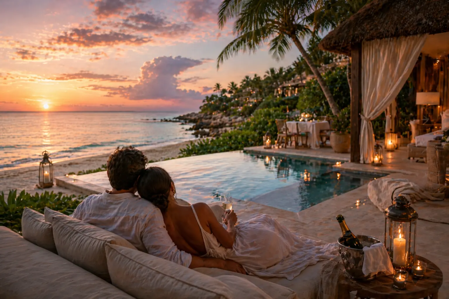 Romantic couple on honeymoon in Playa del Carmen — private concierge coordination for the full stay
