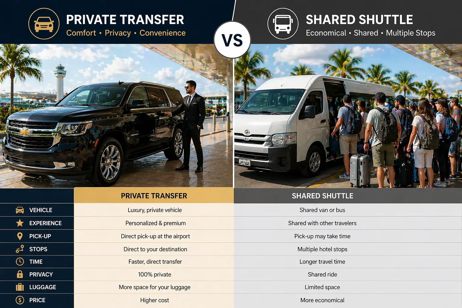 Private transfer compared with shared shuttle Cancun Airport transportation options