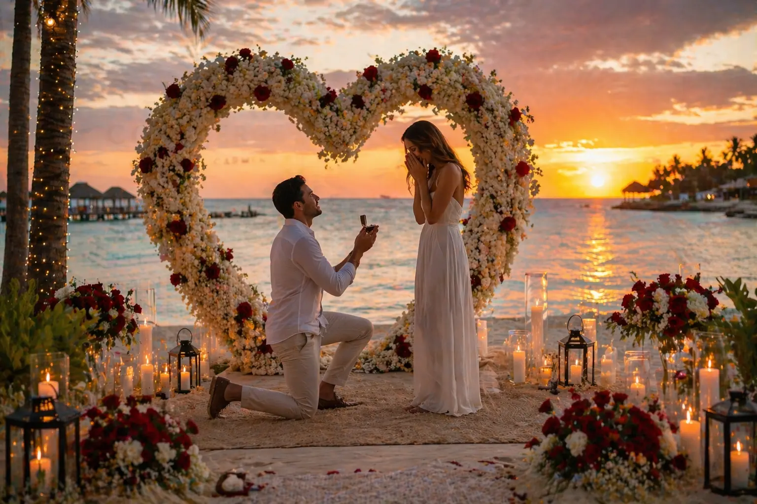 Luxury beach proposal in Playa del Carmen at sunset with romantic setup and ocean view