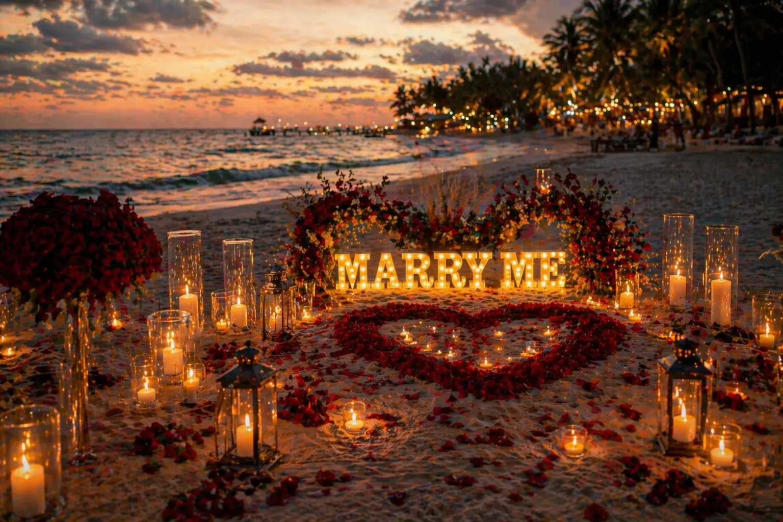 Romantic proposal setup in Playa del Carmen with roses candles and beach sunset atmosphere