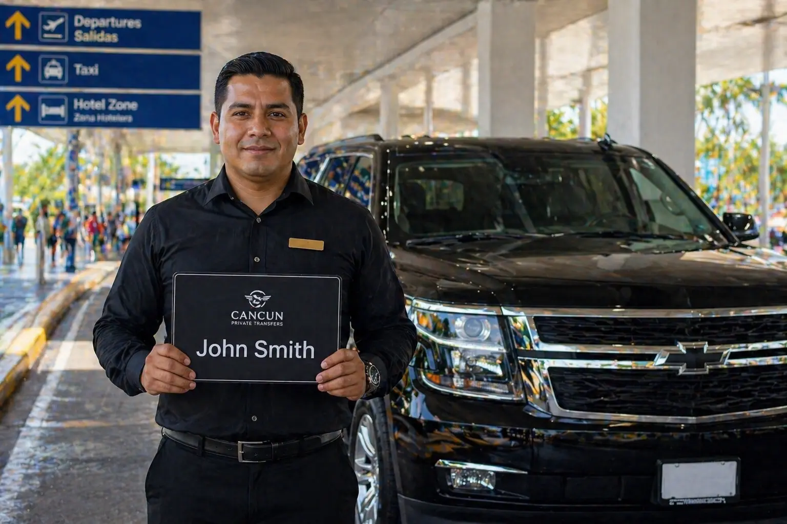 Private driver welcome service at Cancun Airport for Puerto Morelos transfer