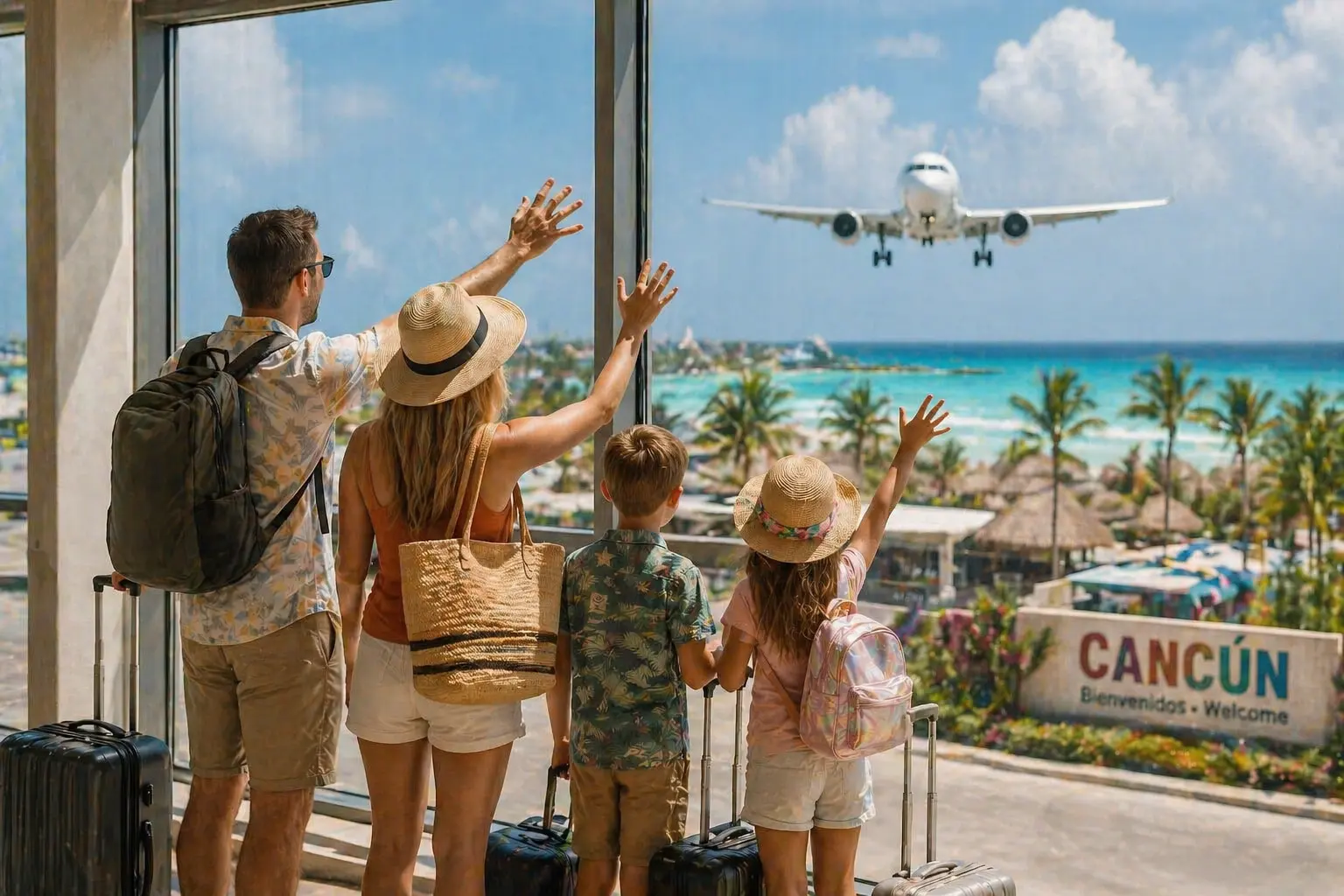 Private driver waiting at Cancun Airport arrivals hall with welcome sign — what happens after landing at Cancun Airport