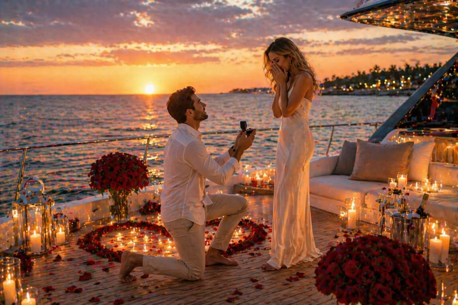 Luxury yacht proposal in Playa del Carmen at sunset with private romantic setup