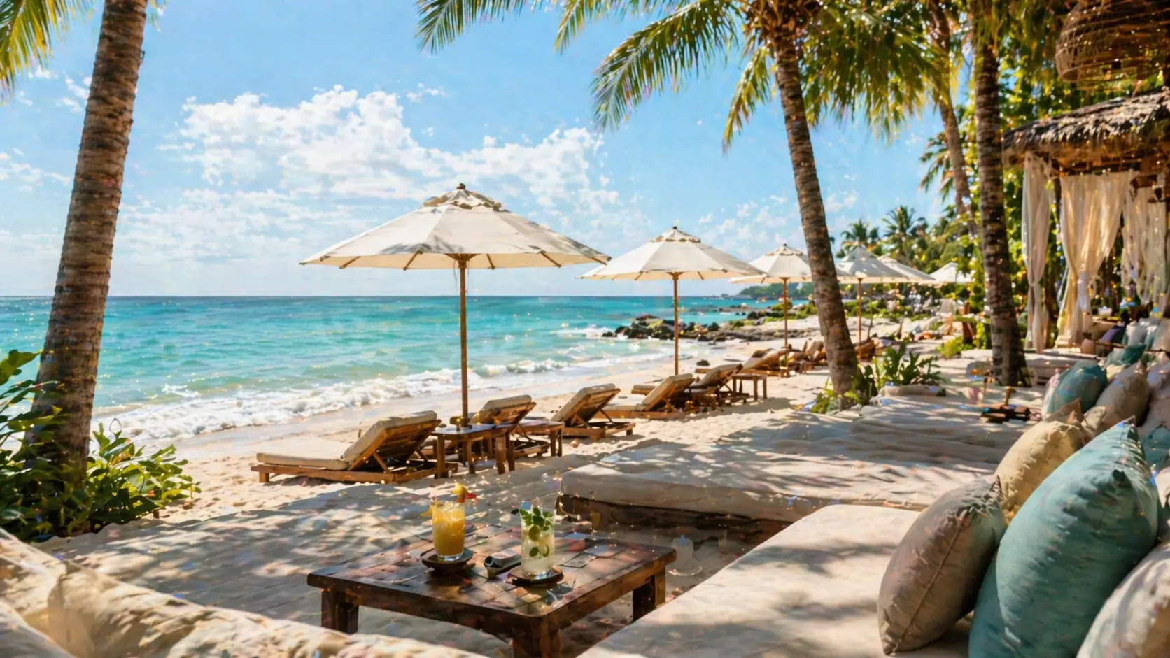 Beach club in Playa del Carmen during daytime with sunbeds umbrellas and turquoise ocean