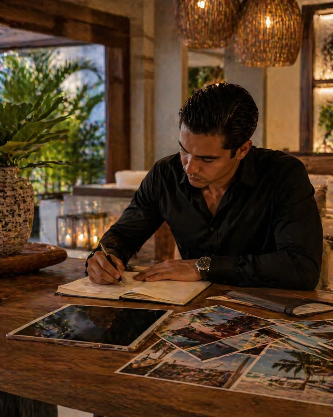 Concierge planning private experiences in Playa del Carmen with luxury travel setup and workspace