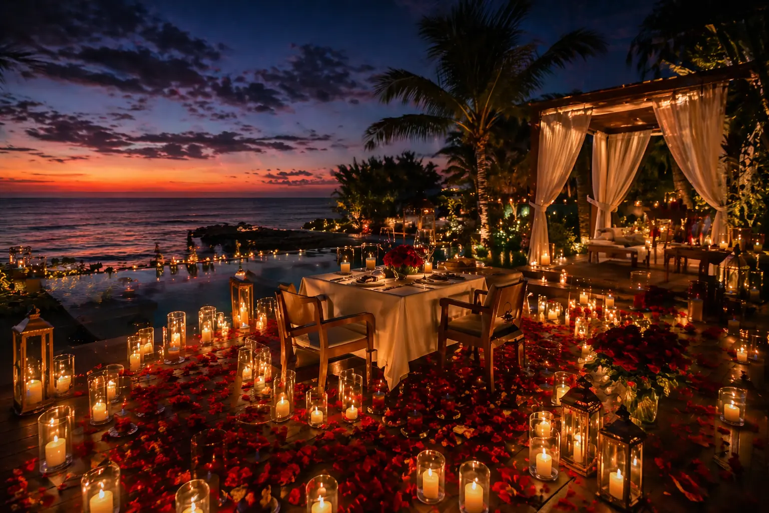 Full luxury romantic setup in Playa del Carmen villa with candles, flowers and ocean view at night