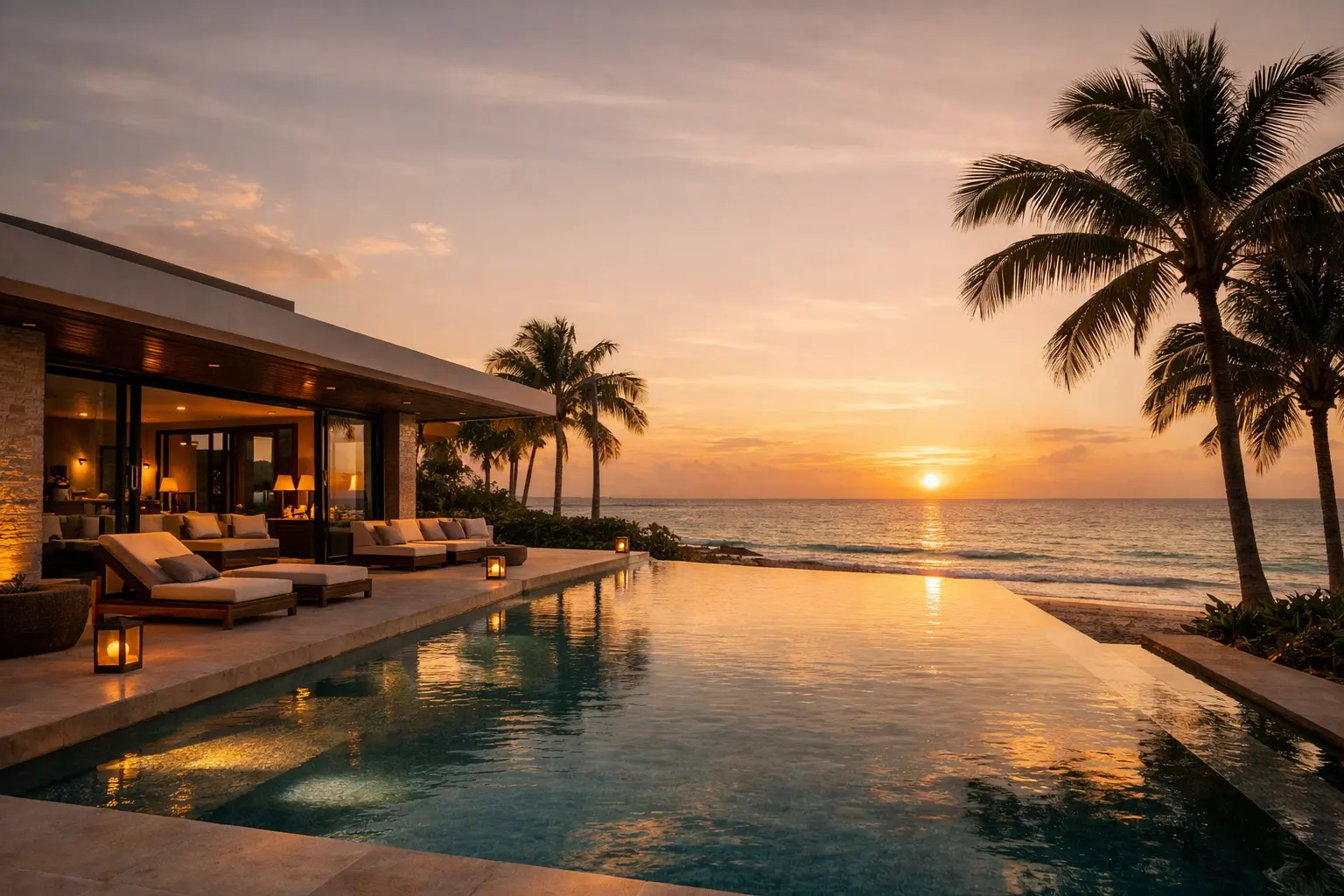 Luxury beachfront villa in Playa del Carmen with infinity pool at sunset
