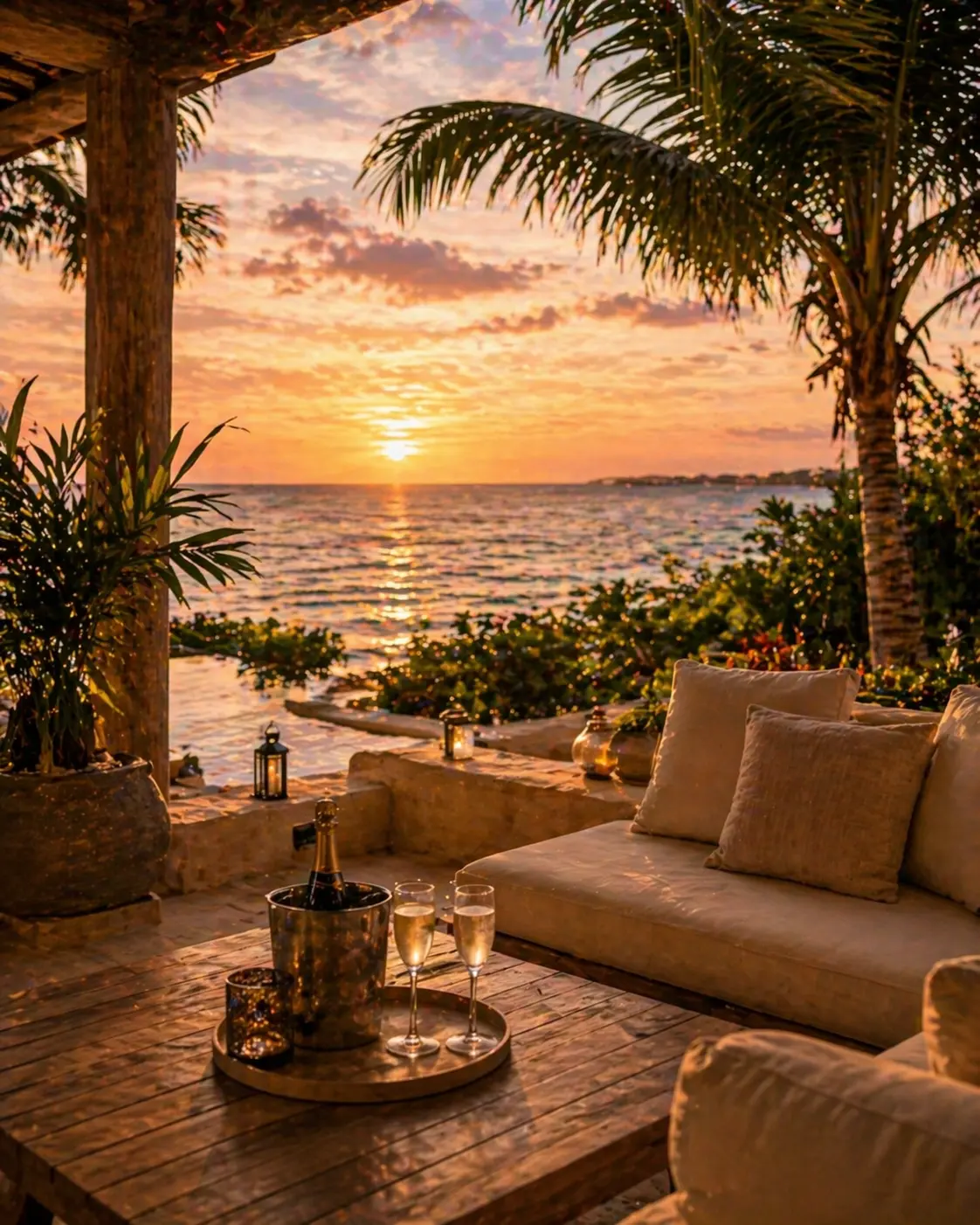 Private luxury villa terrace in Playa del Carmen with ocean view champagne and sunset atmosphere