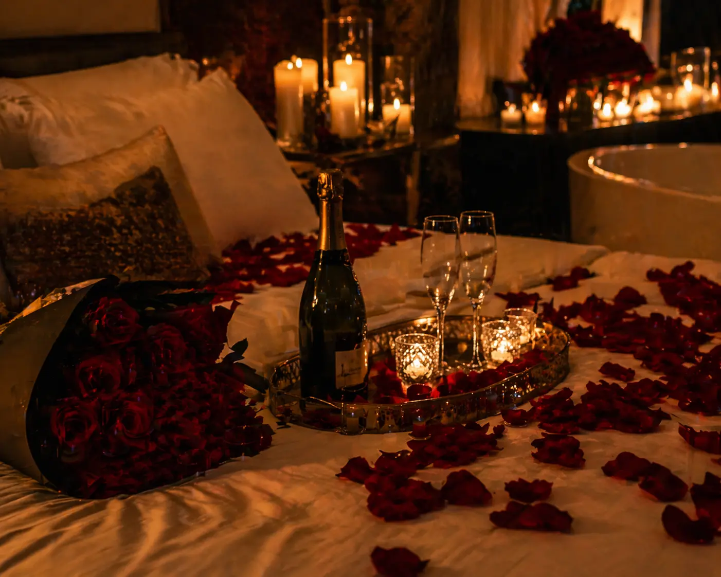Romantic bedroom setup in Playa del Carmen with rose petals on bed and candlelight atmosphere
