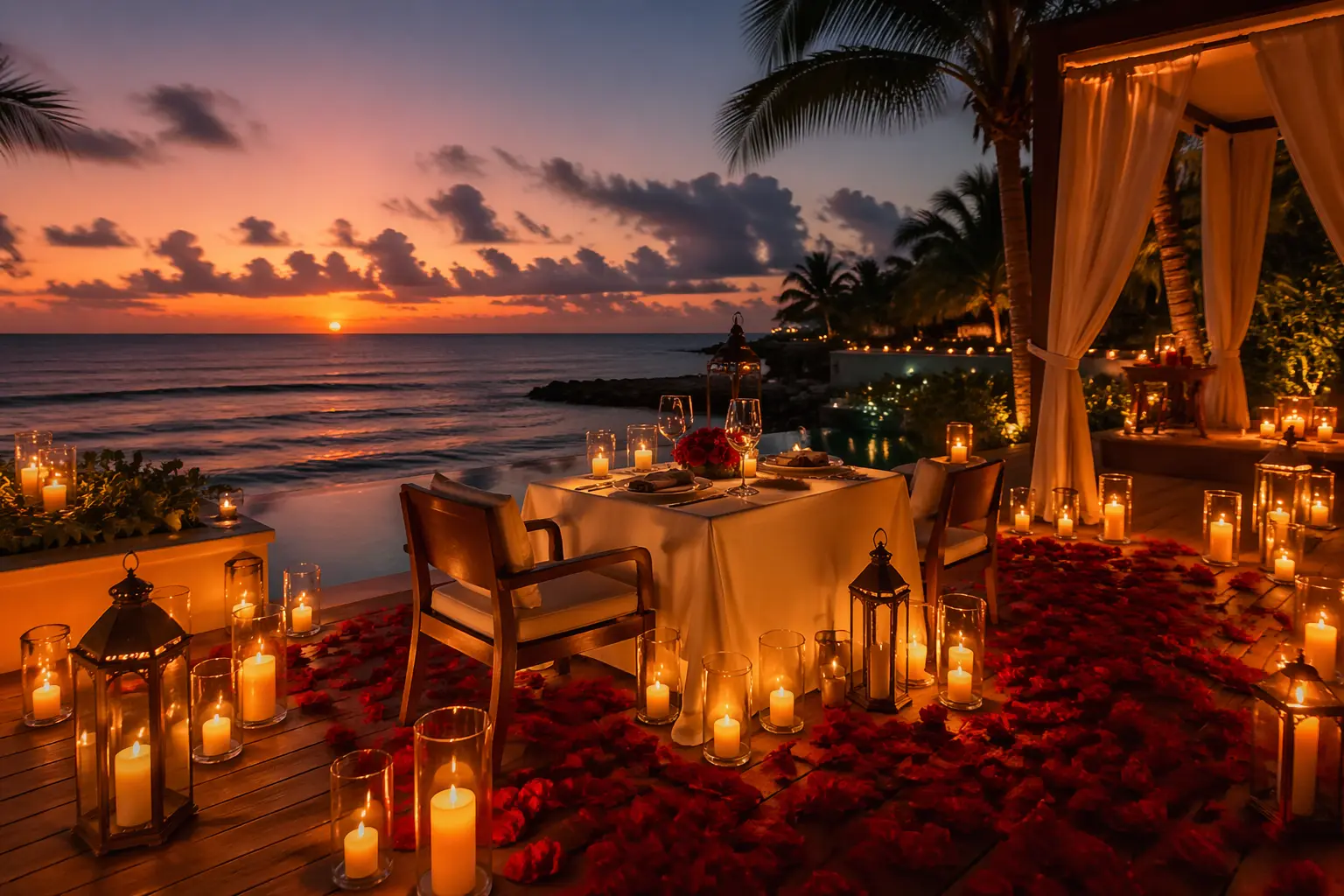 Luxury romantic setup in Playa del Carmen with candlelight beachfront dinner, roses and ocean view