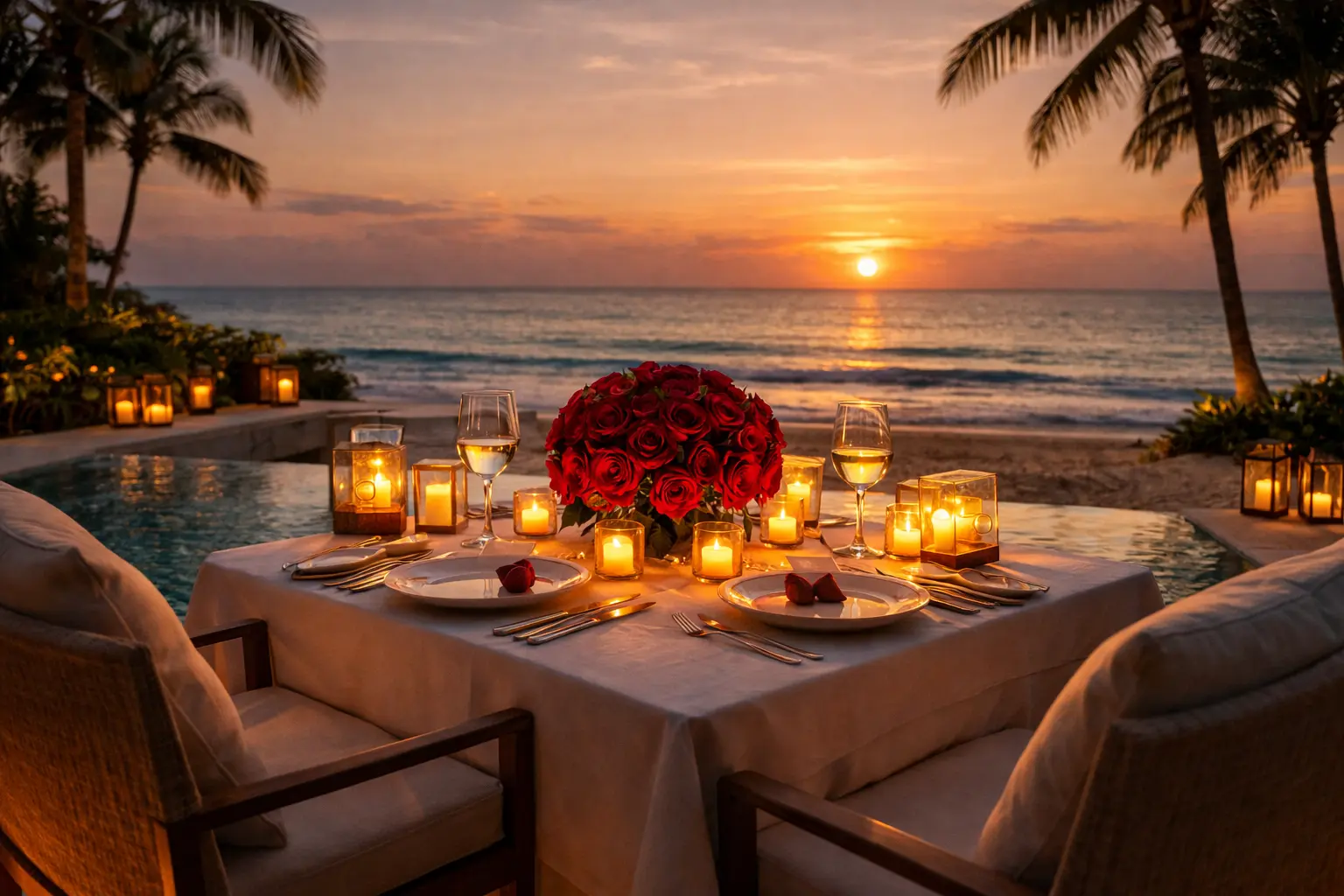 Romantic candlelight dinner setup in Playa del Carmen beachfront villa