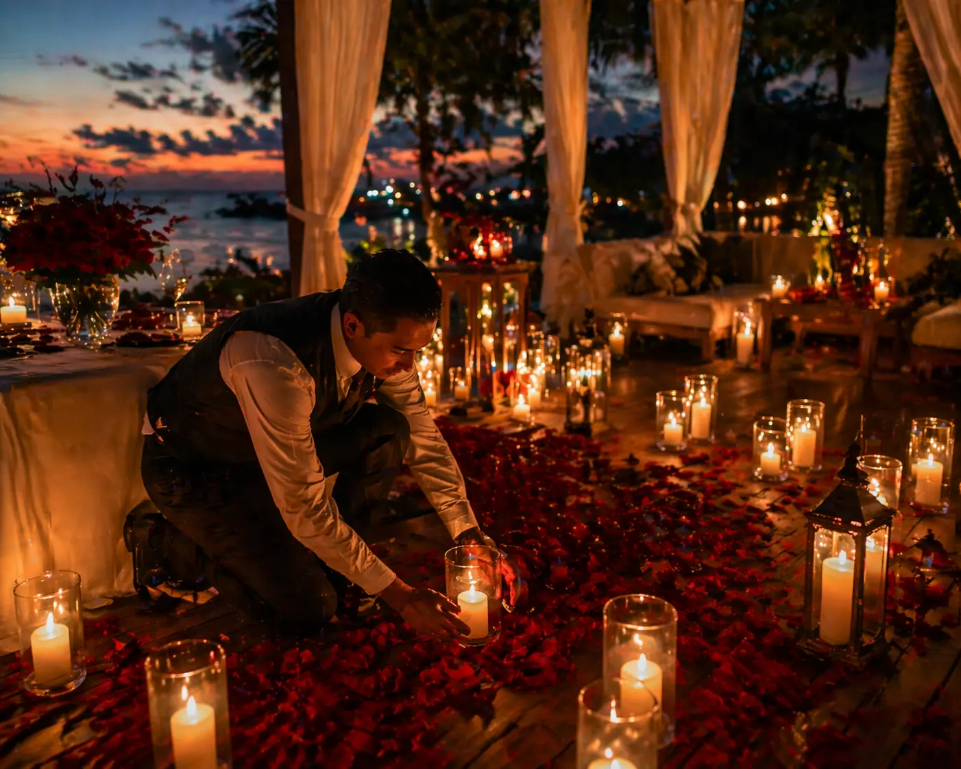 Concierge preparing romantic setup in Playa del Carmen with candles and rose petals in luxury villa