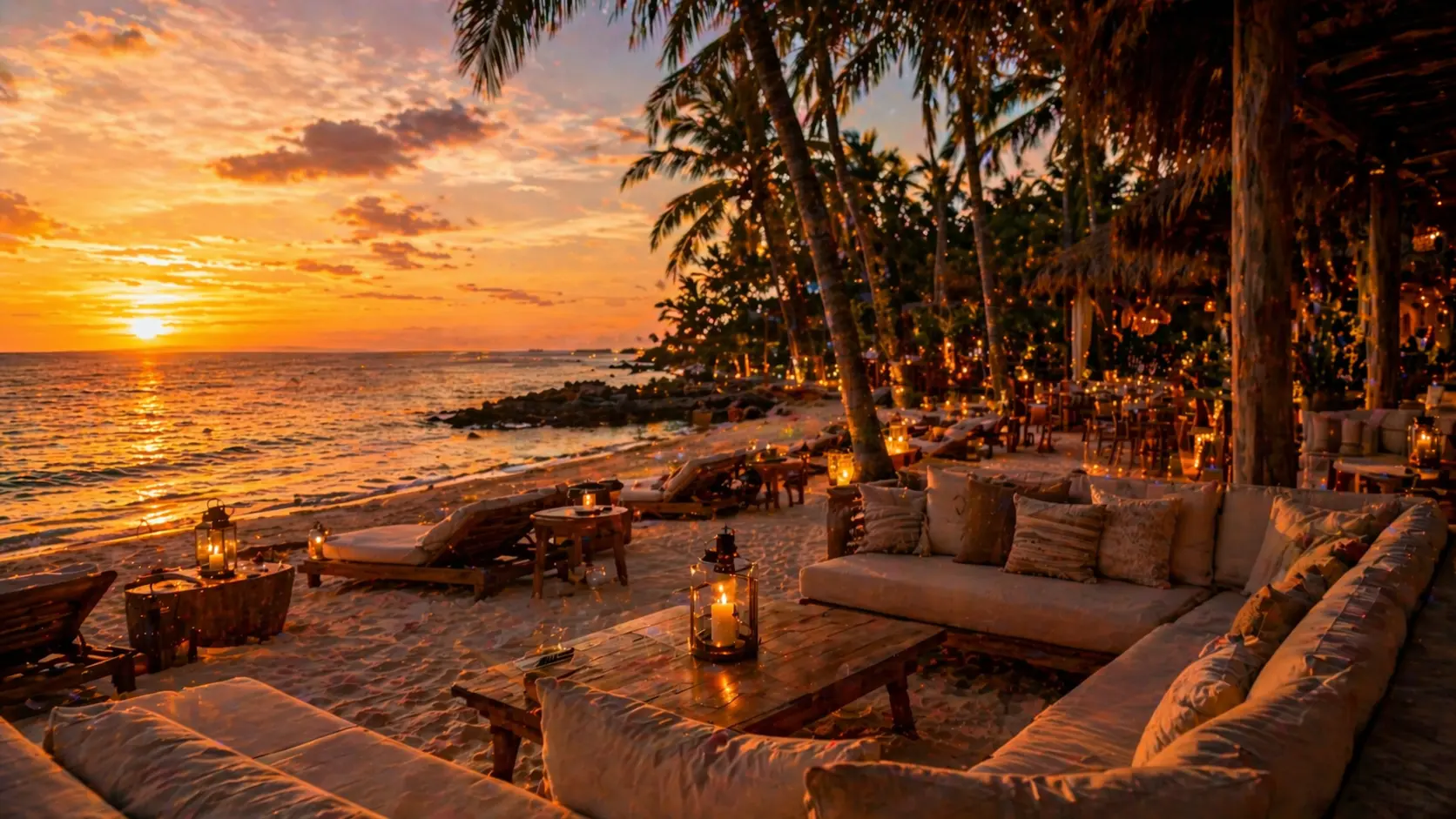 Luxury beach club in Playa del Carmen at sunset with ocean view and elegant lounge seating